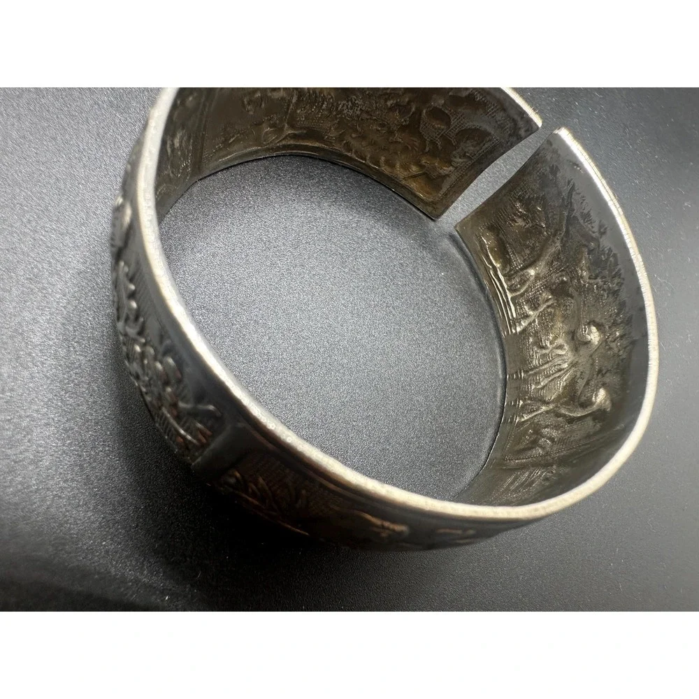 Antique Miao Silver Cuff Bracelet Late 1800s Handmade Talisman Of Eternal Love